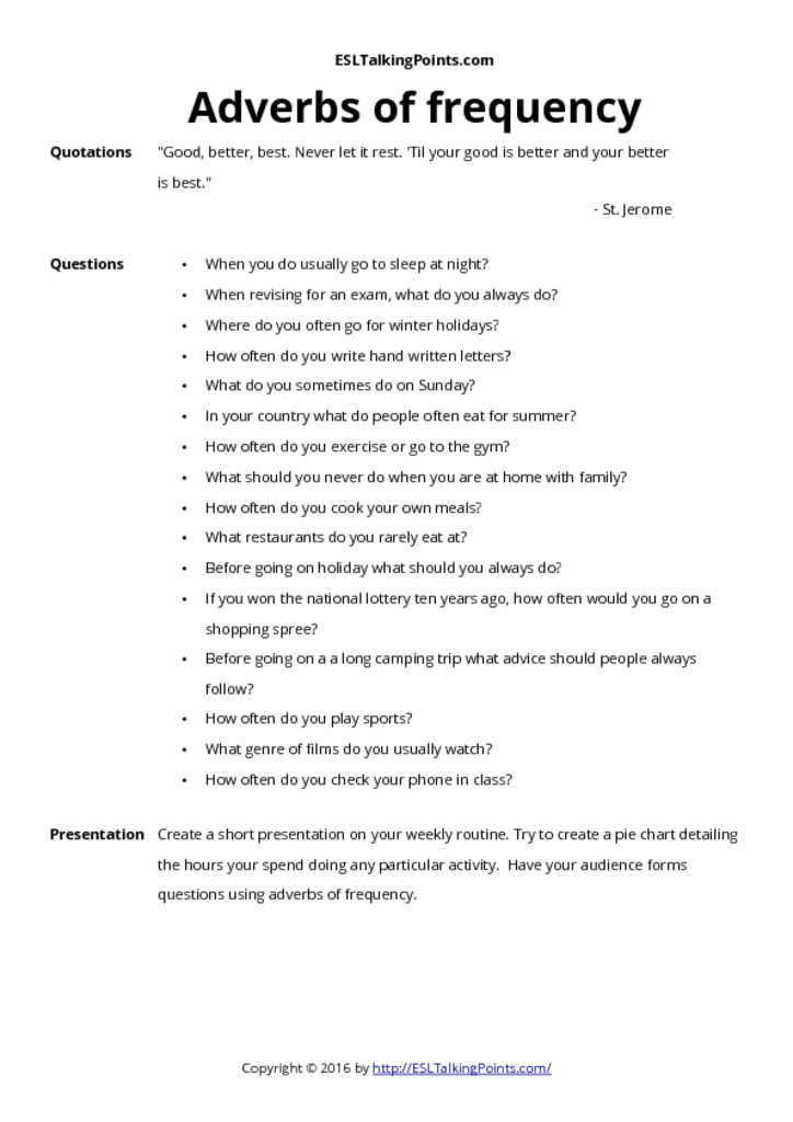 Adverbs of frequency – ESL Conversation Questions and Speaking Activities